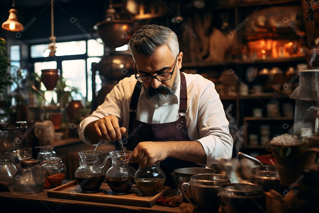 Barista do Oriente Médio em Istambul elaborando café tradicional