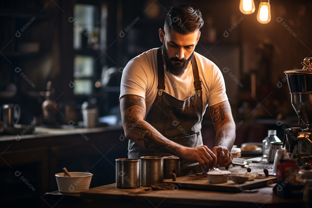 Barista do Oriente Médio em Istambul elaborando café tradicional