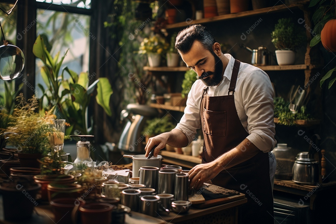 Barista do Oriente Médio em Istambul elaborando café tradicional