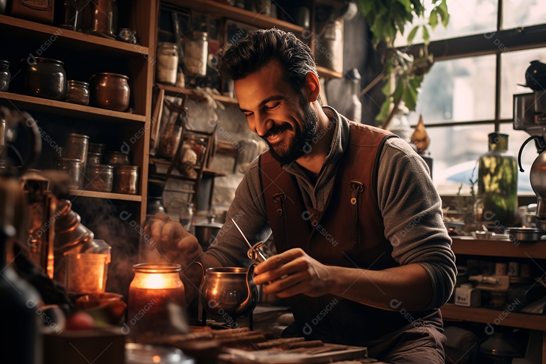 Barista do Oriente Médio em Istambul elaborando café tradicional