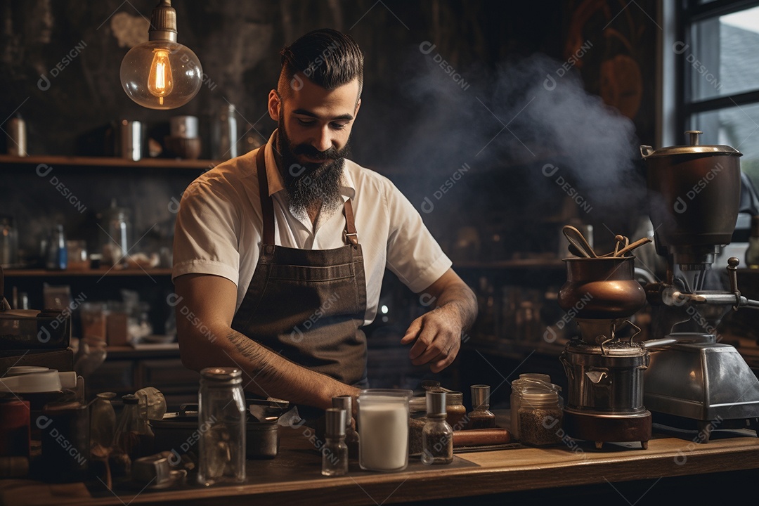 Barista do Oriente Médio em Istambul elaborando café tradicional