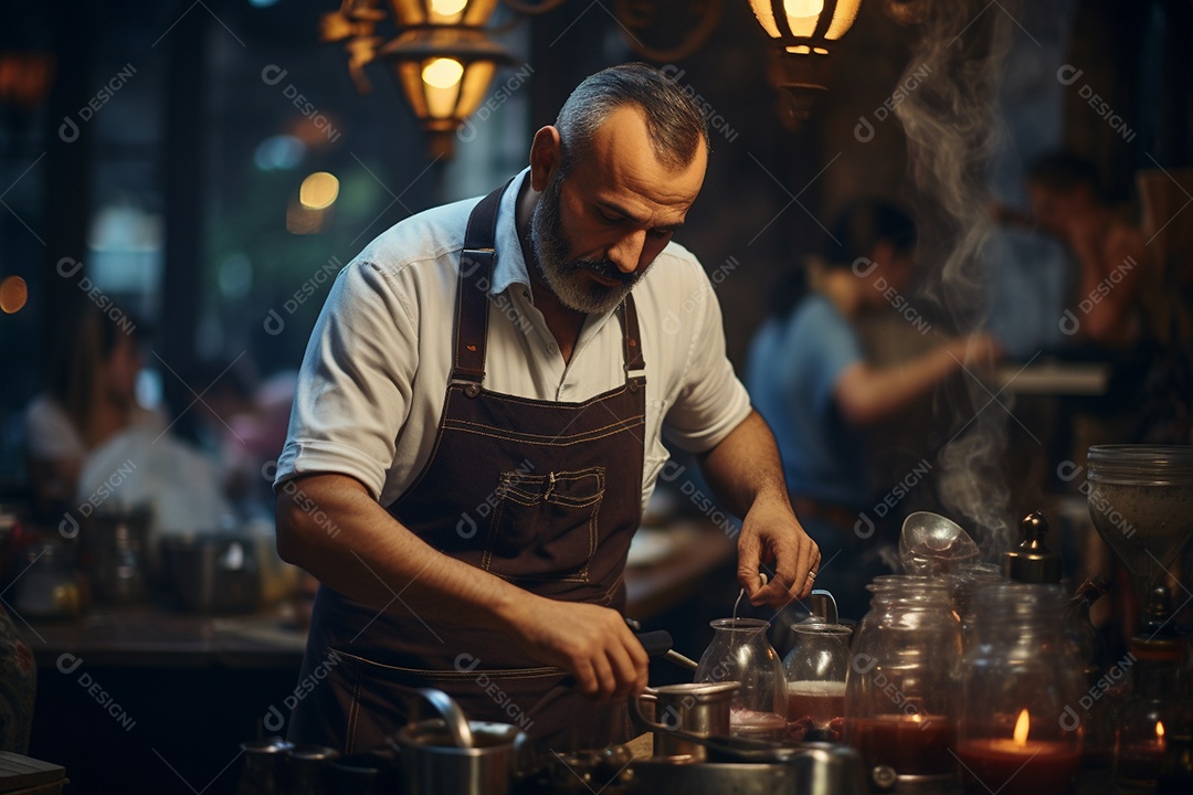 Barista do Oriente Médio em Istambul elaborando café tradicional