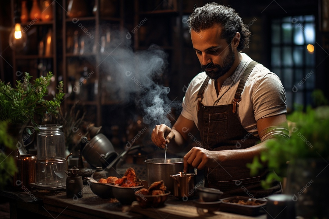 Barista do Oriente Médio em Istambul elaborando café tradicional