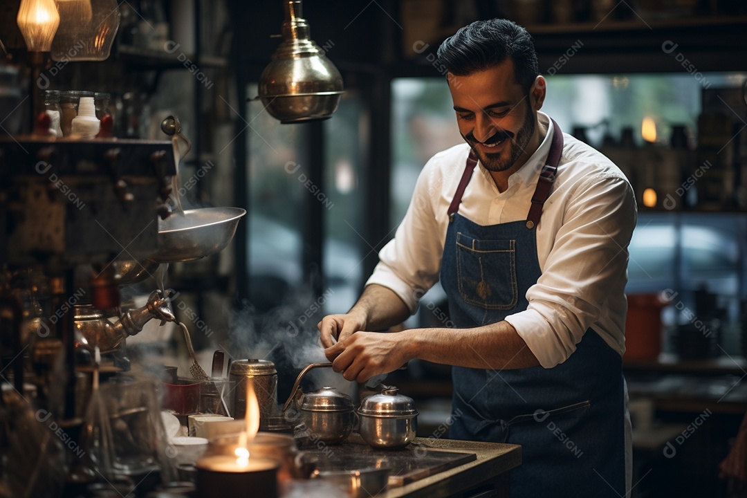 Barista do Oriente Médio em Istambul elaborando café tradicional