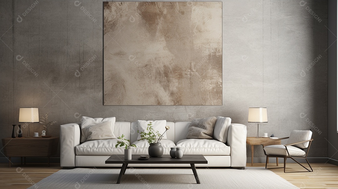 Sala de estar moderna com móveis bege e parede de concreto