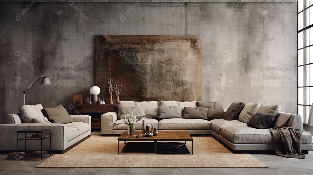 Sala de estar moderna com móveis bege e parede de concreto