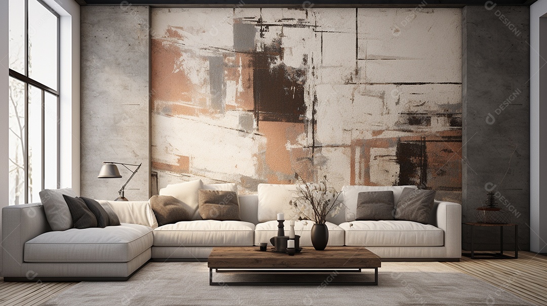 Sala de estar moderna com móveis bege e parede de concreto