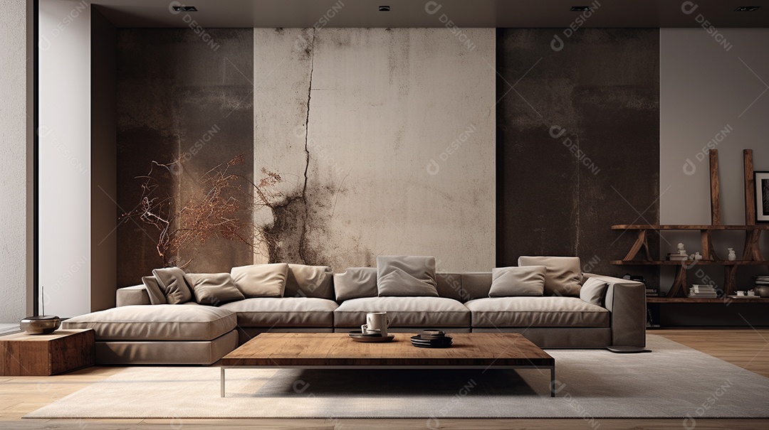 Sala de estar moderna com móveis bege e parede de concreto