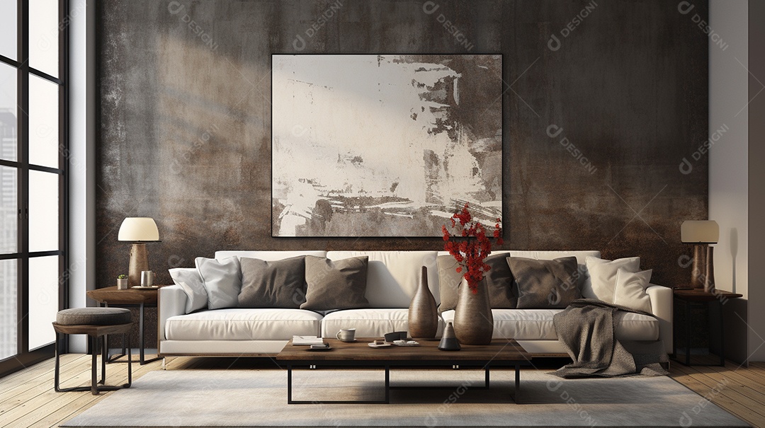 Sala de estar moderna com móveis bege e parede de concreto