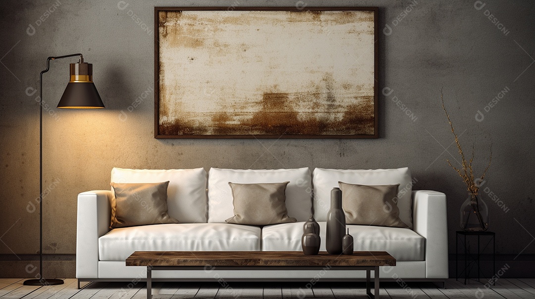 Sala de estar moderna com móveis bege e parede de concreto