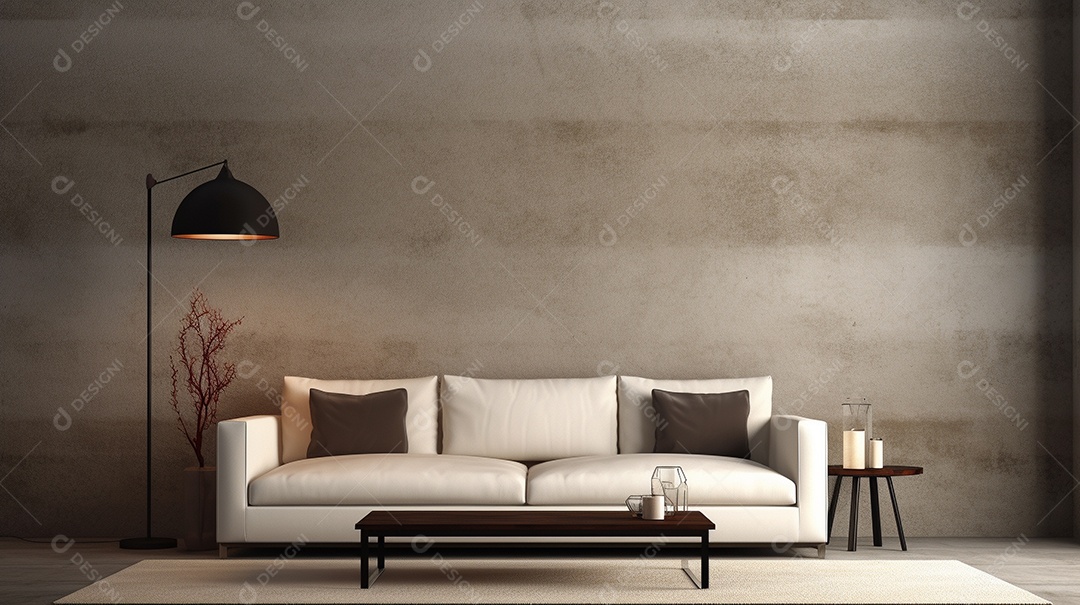 Sala de estar moderna com móveis bege e parede de concreto