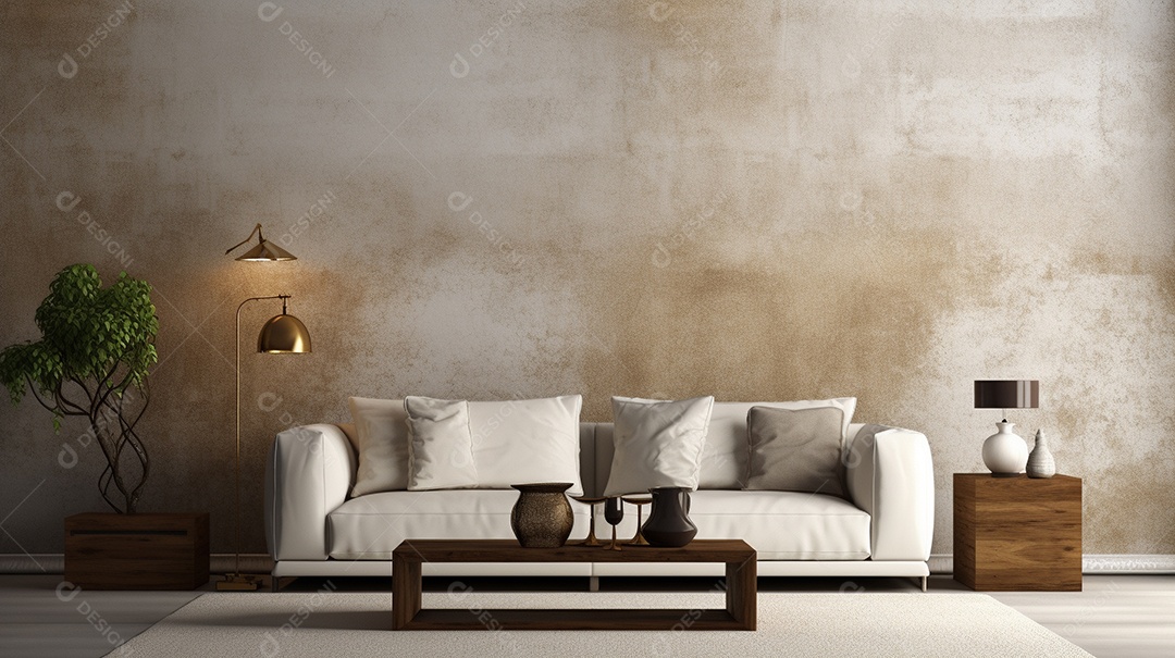 Sala de estar moderna com móveis bege e parede de concreto