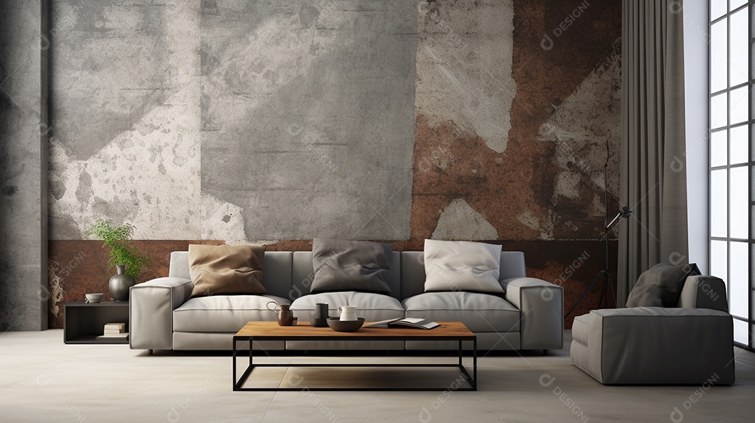 Sala de estar moderna com móveis bege e parede de concreto