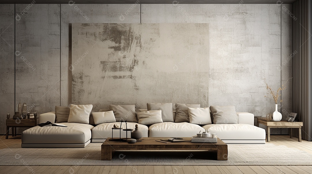 Sala de estar moderna com móveis bege e parede de concreto
