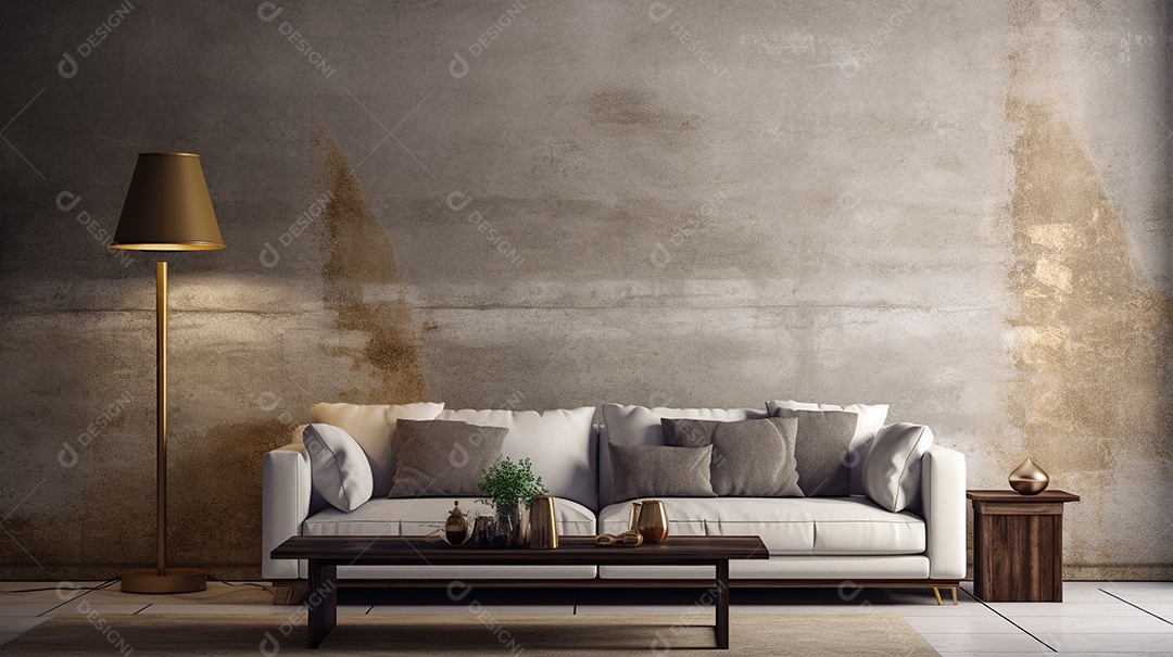 Sala de estar moderna com móveis bege e parede de concreto