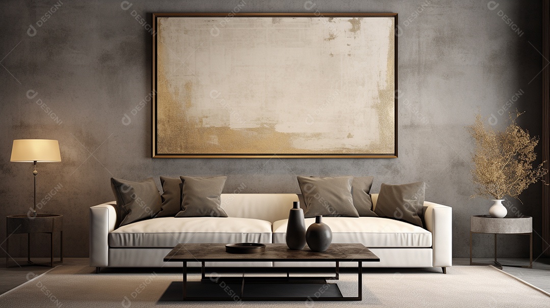 Sala de estar moderna com móveis bege e parede de concreto