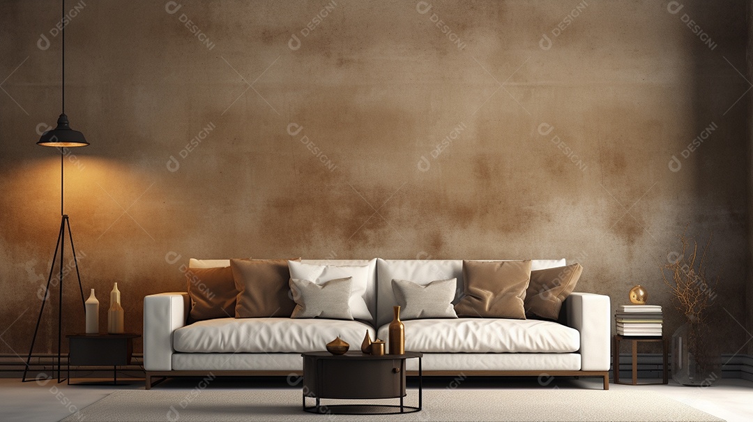 Sala de estar moderna com móveis bege e parede de concreto