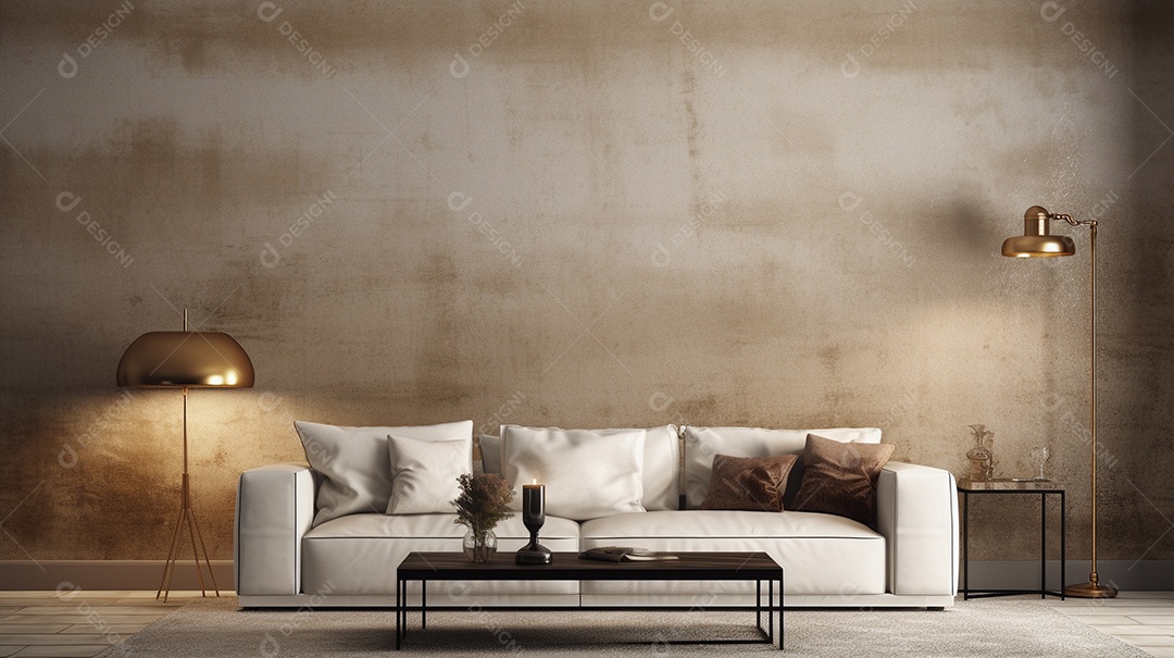 Sala de estar moderna com móveis bege e parede de concreto