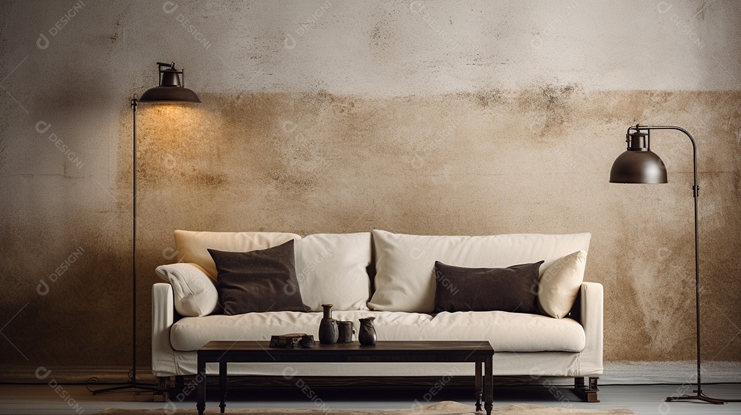 Sala de estar moderna com móveis bege e parede de concreto