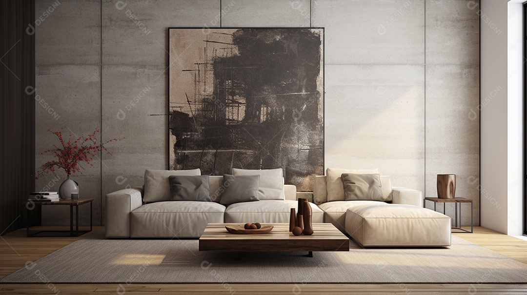 Sala de estar moderna com móveis bege e parede de concreto