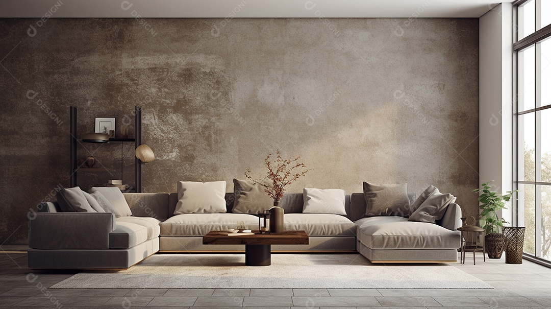 Sala de estar moderna com móveis bege e parede de concreto