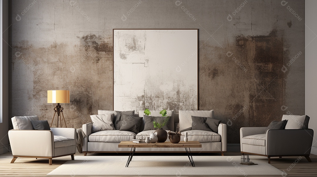 Sala de estar moderna com móveis bege e parede de concreto