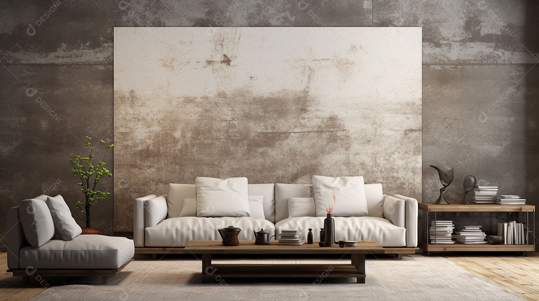 Sala de estar moderna com móveis bege e parede de concreto