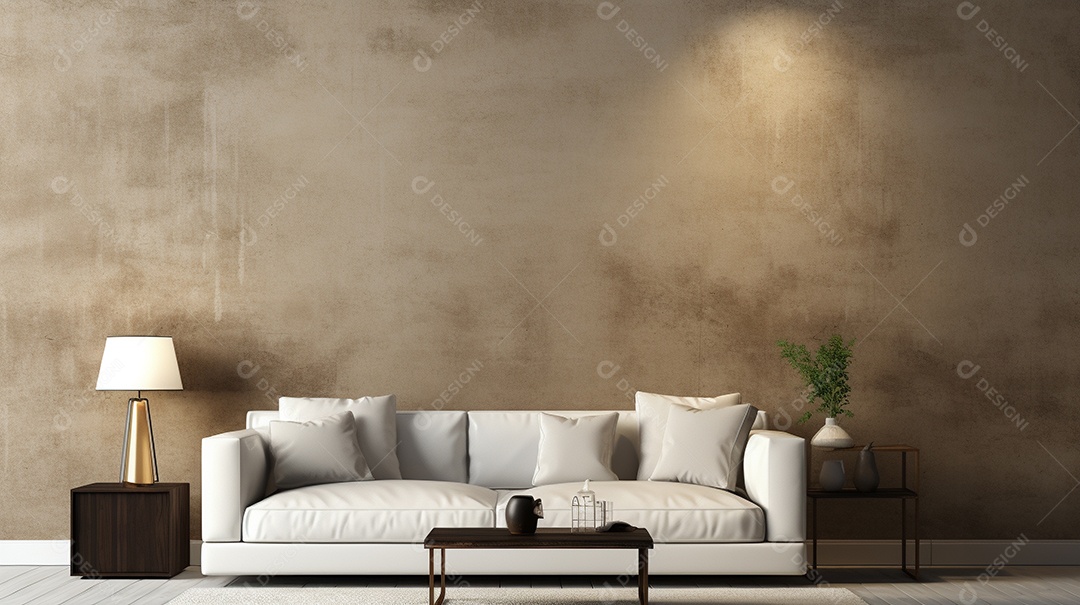 Sala de estar moderna com móveis bege e parede de concreto