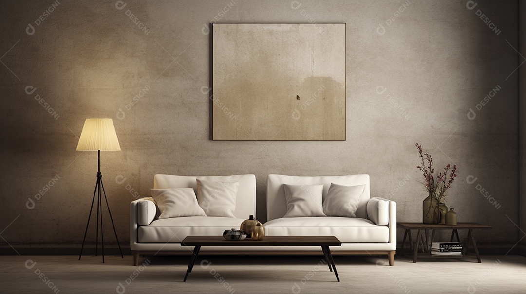 Sala de estar moderna com móveis bege e parede de concreto