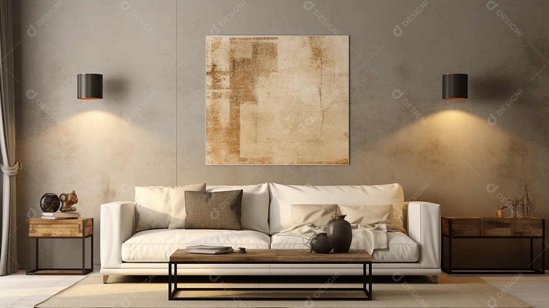 Sala de estar moderna com móveis bege e parede de concreto