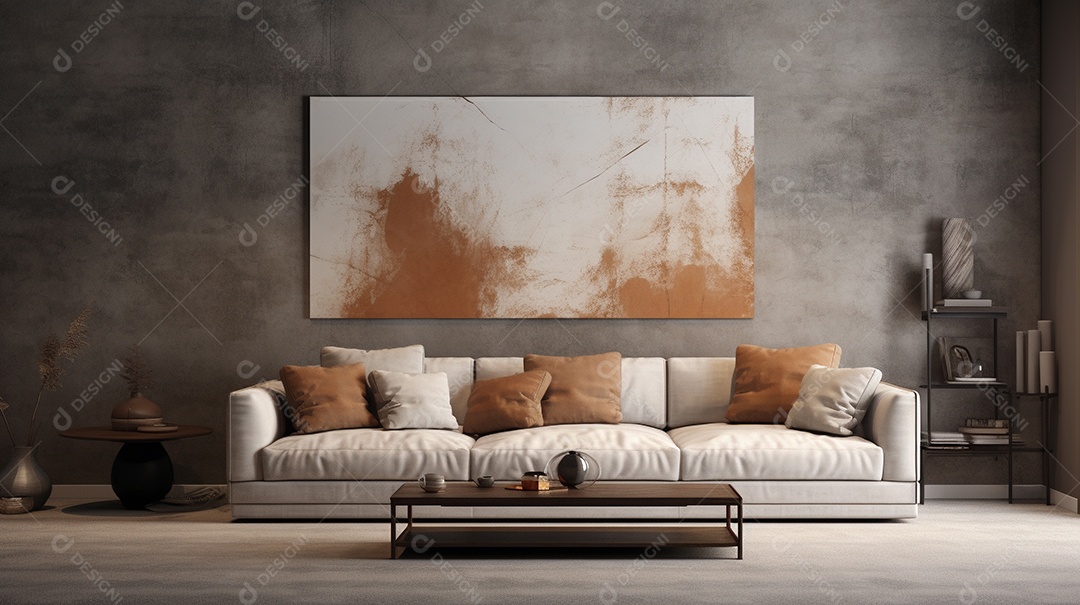 Sala de estar moderna com móveis bege e parede de concreto