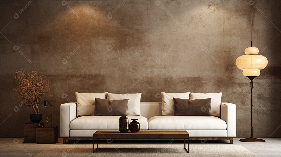 Sala de estar moderna com móveis bege e parede de concreto