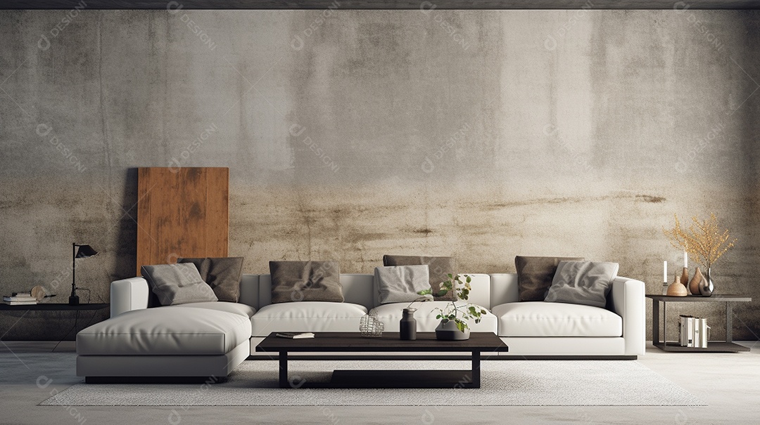 Sala de estar moderna com móveis bege e parede de concreto