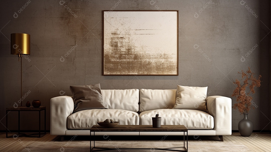 Sala de estar moderna com móveis bege e parede de concreto