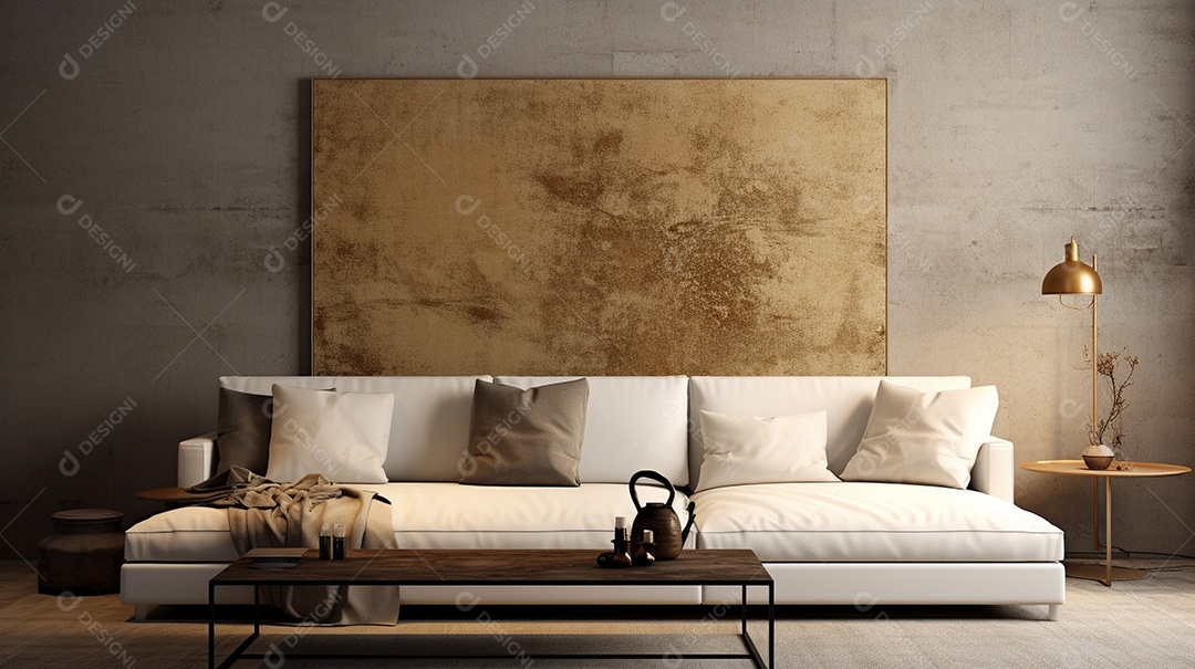 Sala de estar moderna com móveis bege e parede de concreto