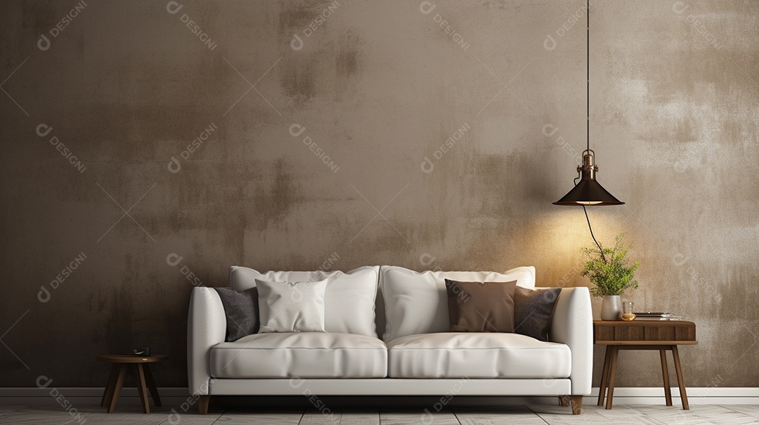 Sala de estar moderna com móveis bege e parede de concreto