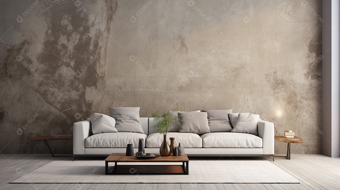 Sala de estar moderna com móveis bege e parede de concreto