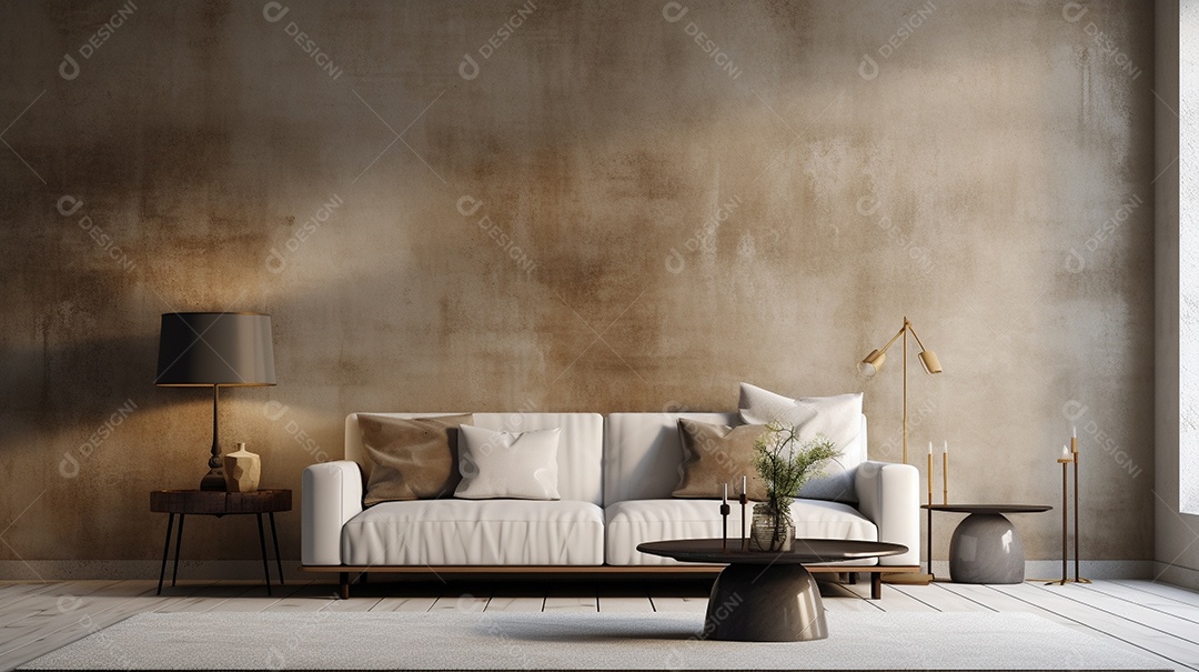 Sala de estar moderna com móveis bege e parede de concreto