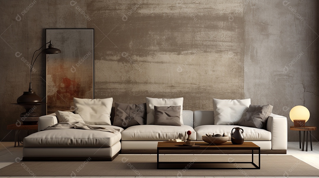 Sala de estar moderna com móveis bege e parede de concreto