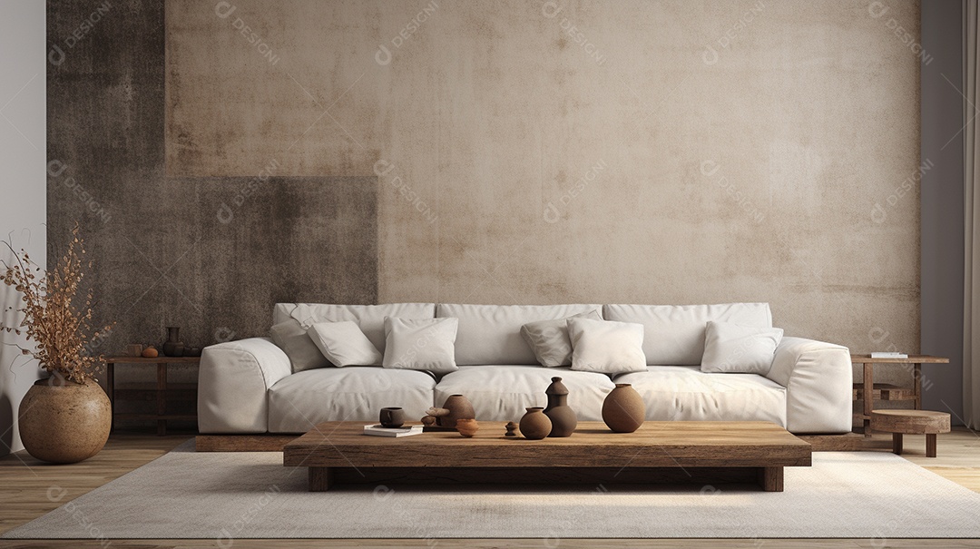 Sala de estar moderna com móveis bege e parede de concreto