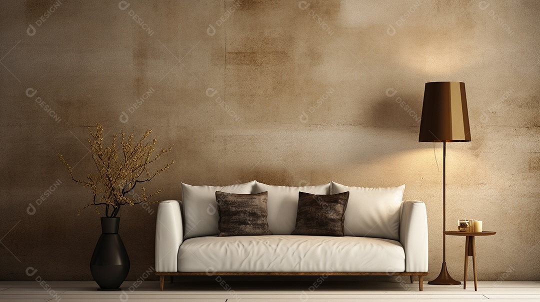 Sala de estar moderna com móveis bege e parede de concreto