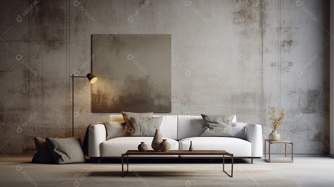 Sala de estar moderna com móveis bege e parede de concreto