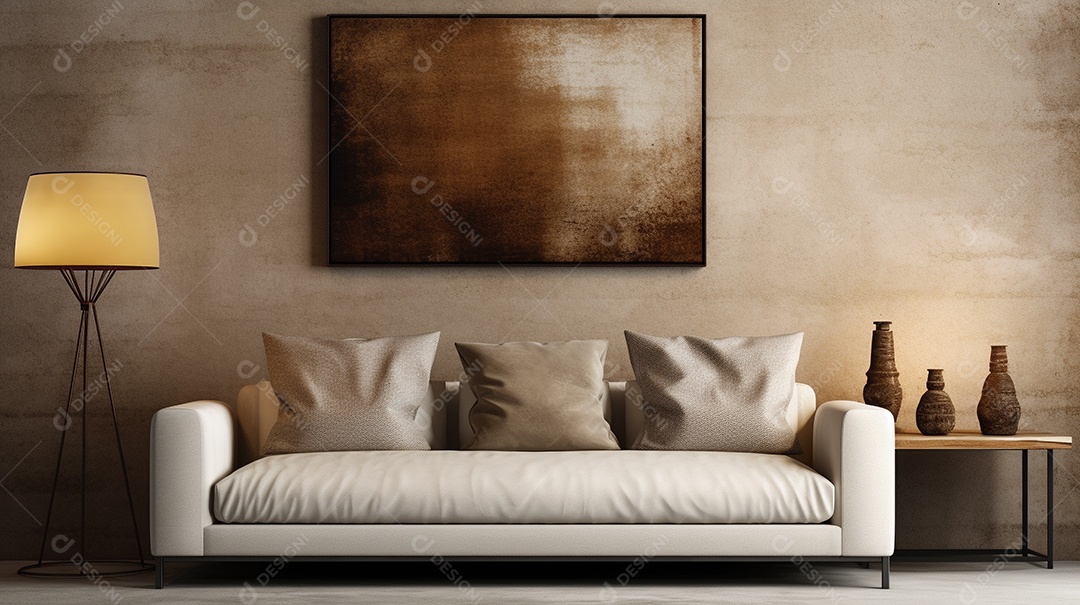 Sala de estar moderna com móveis bege e parede de concreto