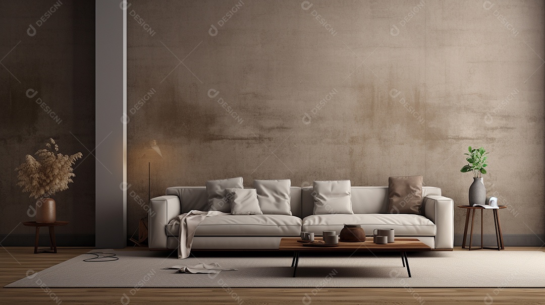 Sala de estar moderna com móveis bege e parede de concreto