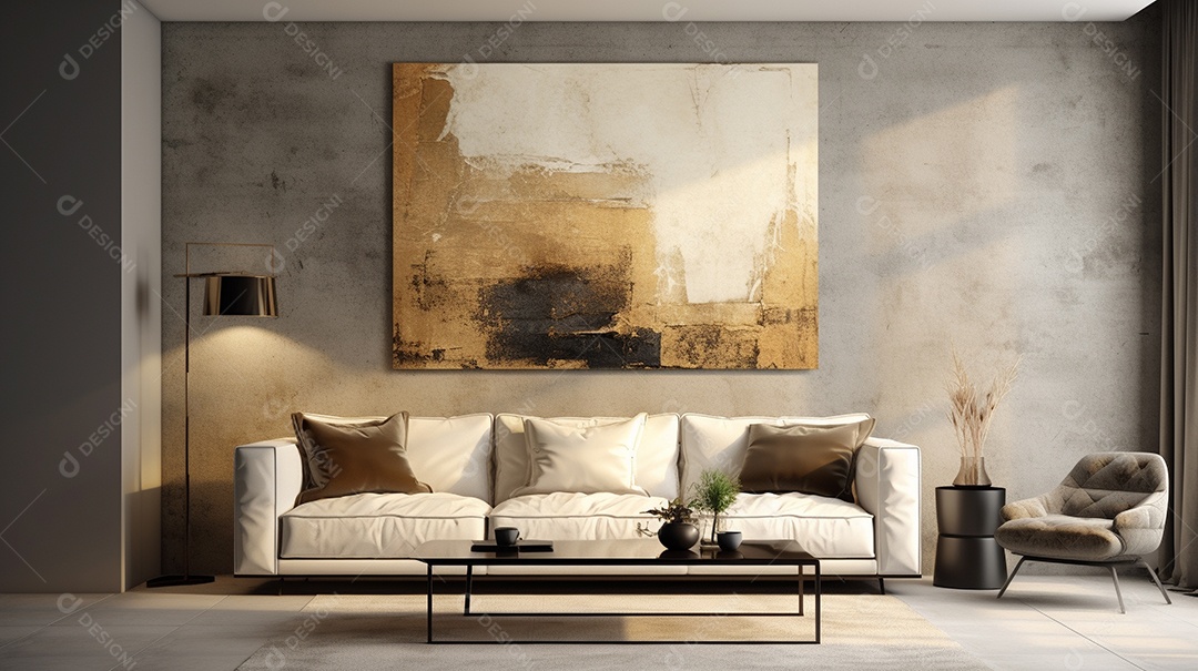 Sala de estar moderna com móveis bege e parede de concreto