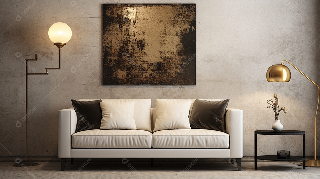 Sala de estar moderna com móveis bege e parede de concreto