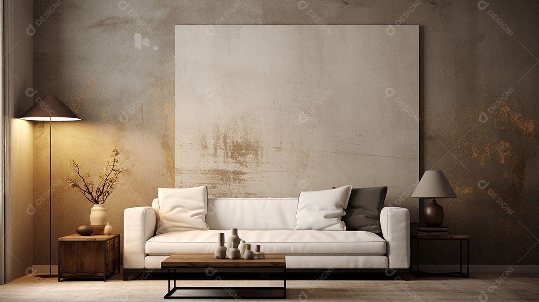 Sala de estar moderna com móveis bege e parede de concreto