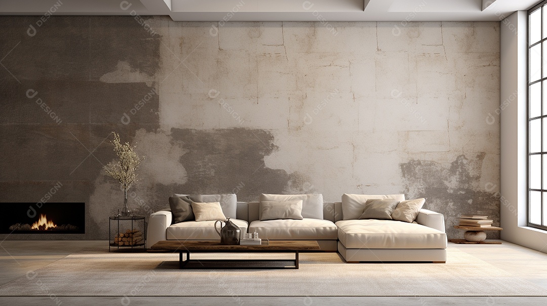 Sala de estar moderna com móveis bege e parede de concreto