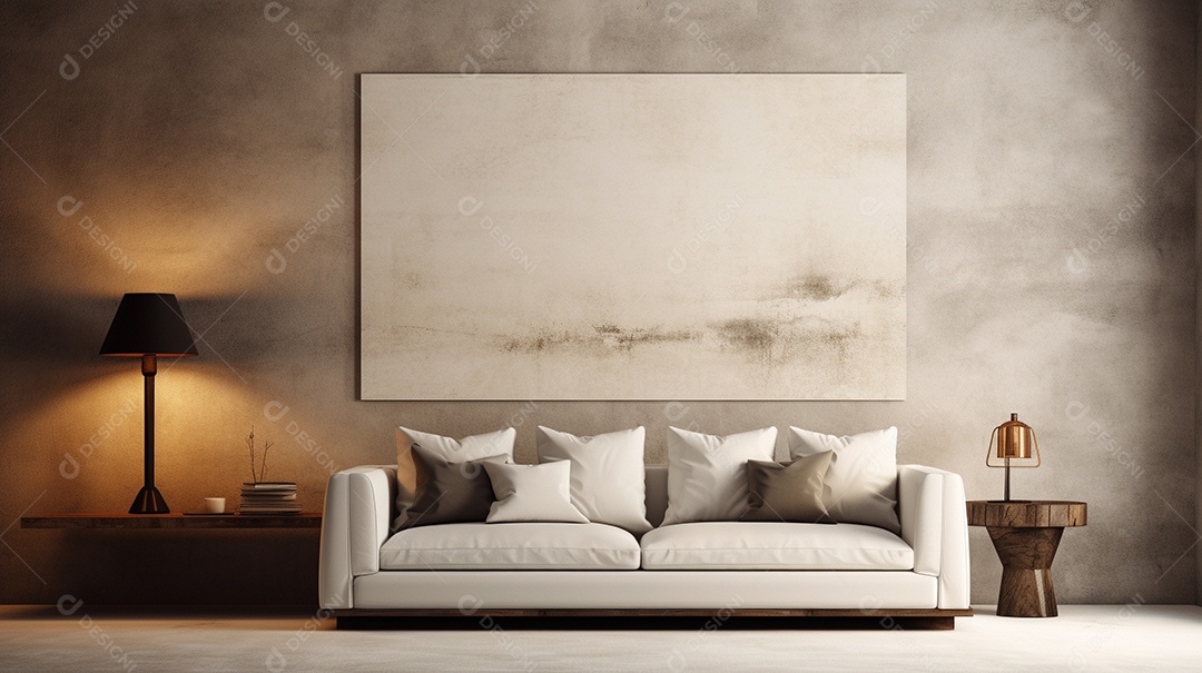 Sala de estar moderna com móveis bege e parede de concreto