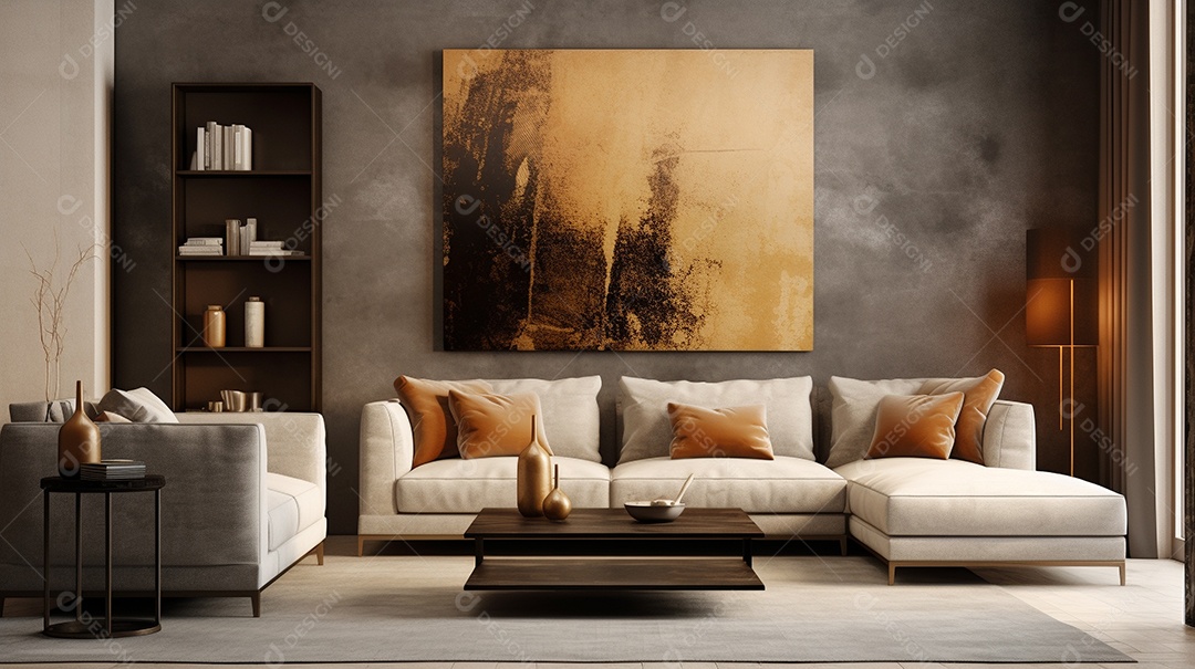 Sala de estar moderna com móveis bege e parede de concreto